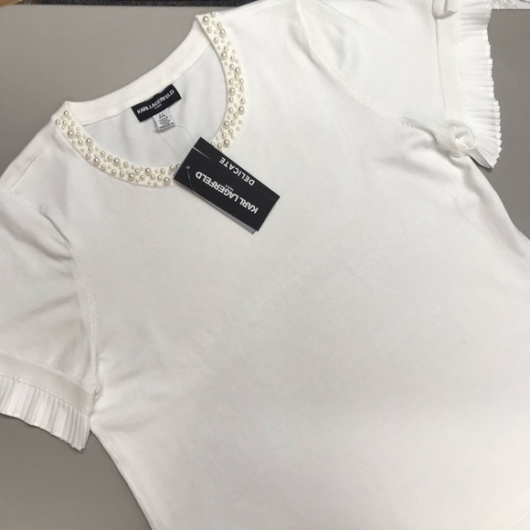 Karl Lagerfeld Tops - Karl Lagerfeld Top Beaded Neckline Ruffle Sleeve